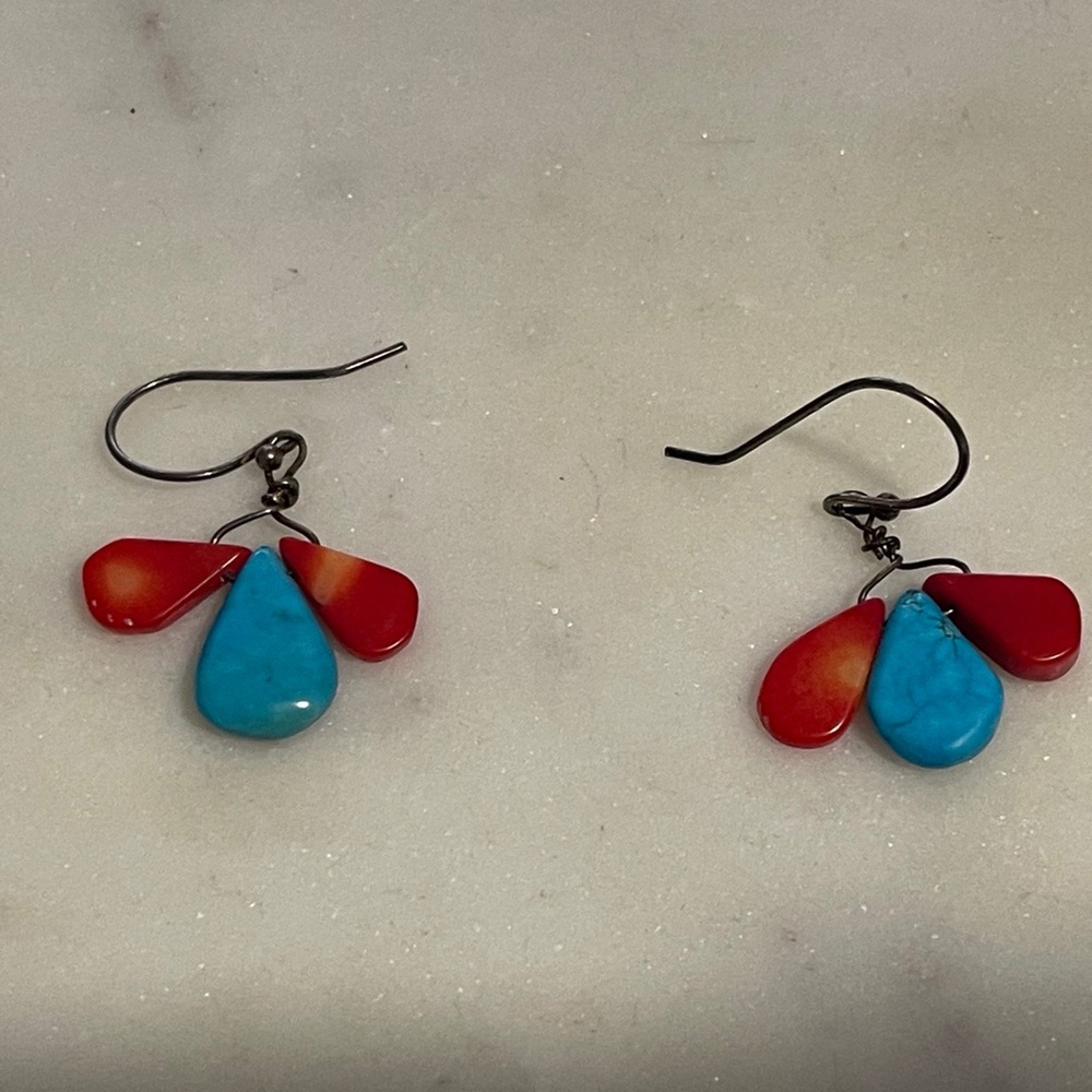 Vintage Earrings Sterling Silver Teardrops Turquoise and Coral.